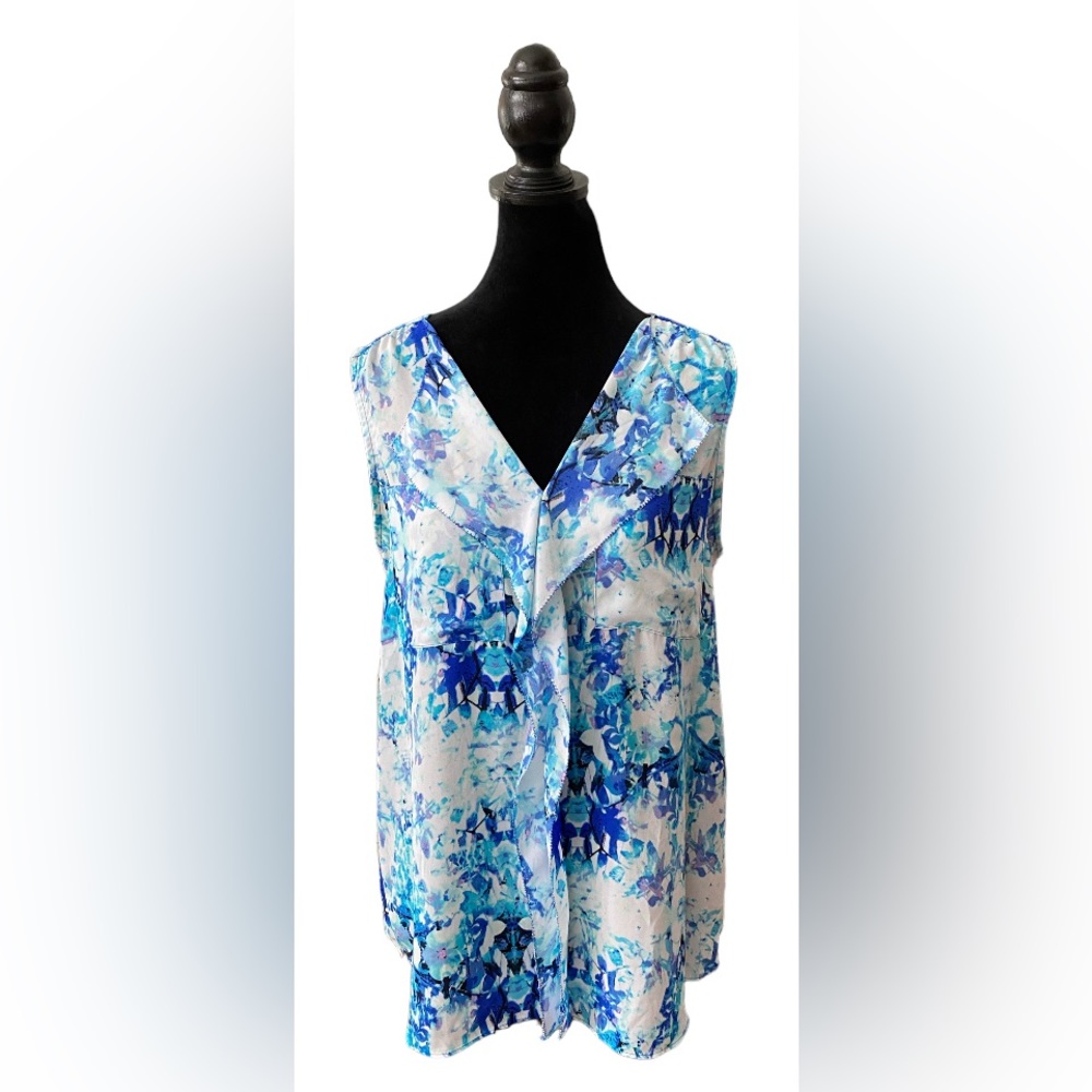 Apt. 9: Blue and White Ruffle Front Sleeveless Blouse